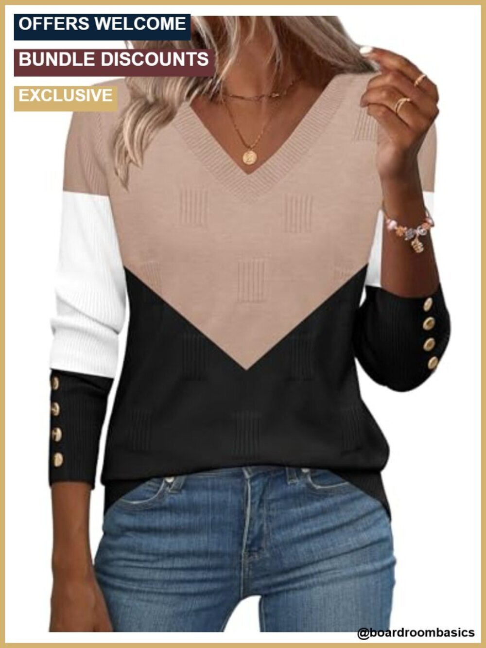 Lightweight V-Neck Pullover Sweater with Button Cuffs & Ribbed Knit